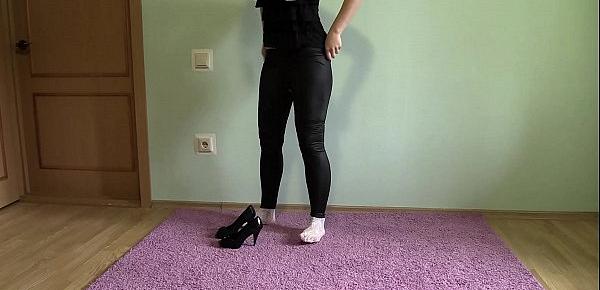  Foot fetish in high-heeled shoes, long legs in tight leggings, and a PAWG in transparent panties. Homemade fetish.